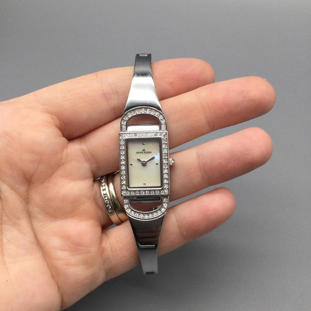 Anne Klein Womens Watch 17mm Silver Tone MOP Rectangular Dial New Battery 6.5